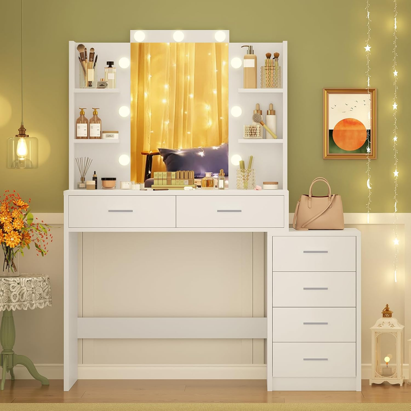 Vanity Desk with 6 Storage Drawers & Storage Shelves, Makeup Vanity with Mirror
