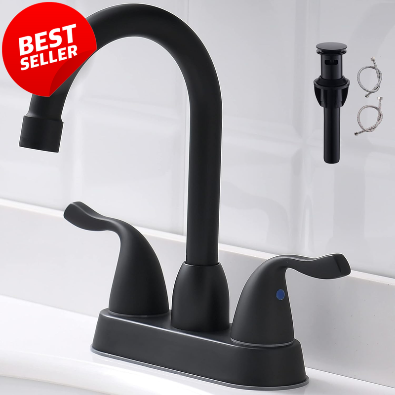 Matte Black 4in Centerset Bathroom Sink Faucet 2 Handle w/ Drain Lines - US