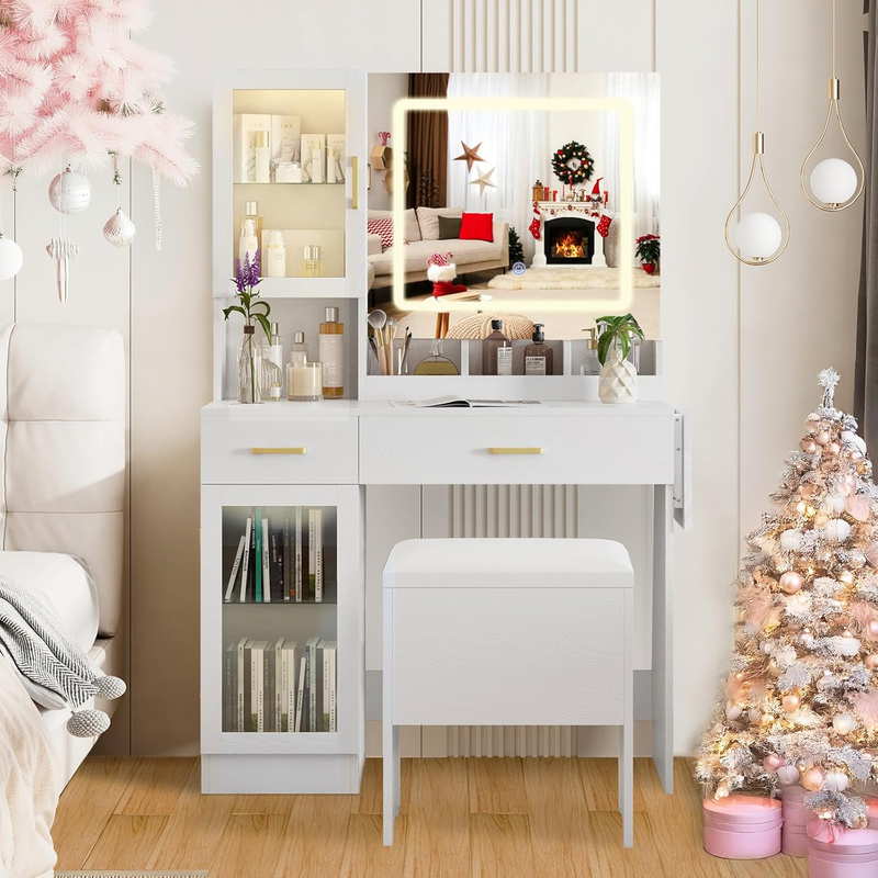 Modern Vanity with Mirror and Lights, Makeup Table with with 2