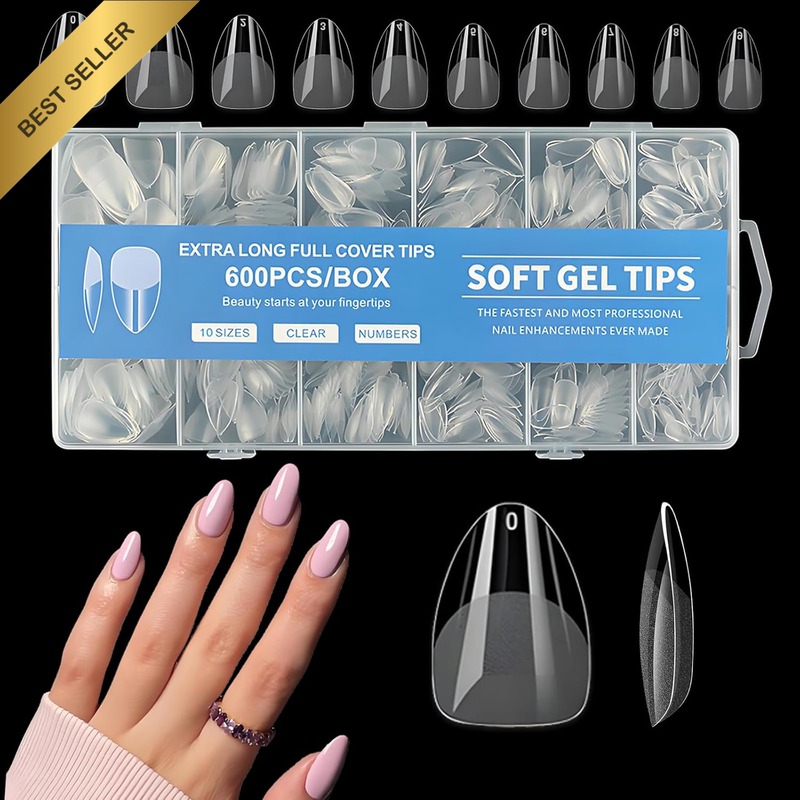 600Pcs False Nail Tips, 10 Sizes Pre-Shape Press on Nails Clear Half Frosted Nai