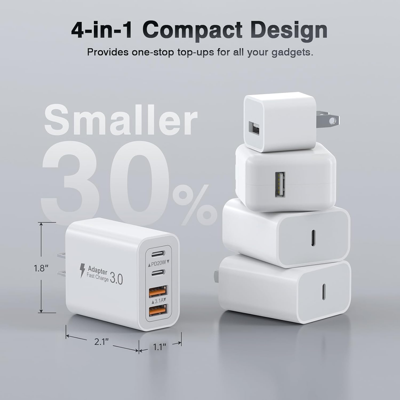 40W USB C Charger Block, 2-Pack Wall Plug Fast Charging Block, 4-Port PD+QC Powe