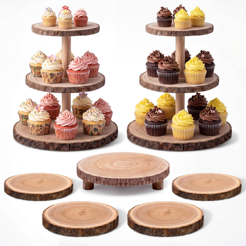 7 Pcs Wood Cupcake Stand Set, 3 Tier Rustic Wooden Cupcake Tower and Tree Slice
