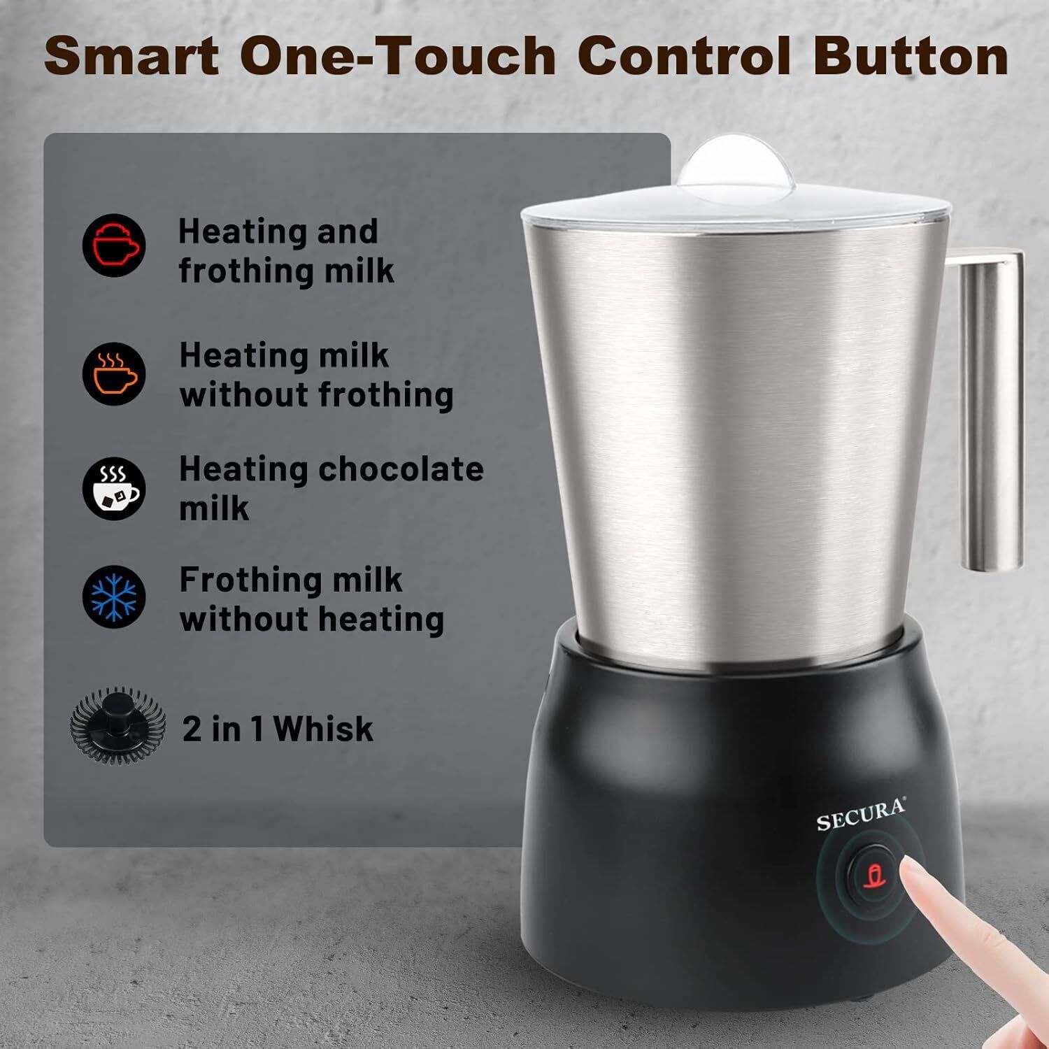 Secura 17oz Detachable Milk Frother Steamer, Stainless Steel Electric Hot/Cold F