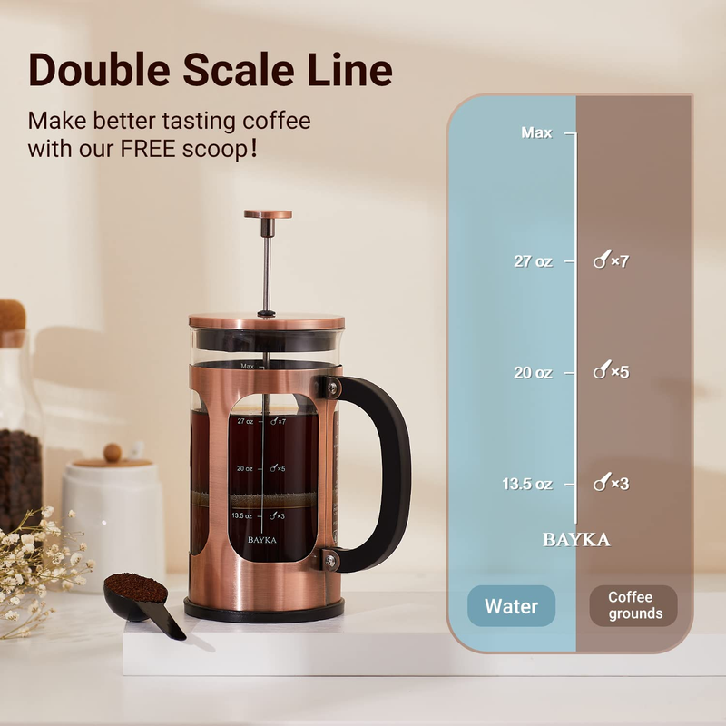 34 Ounce 1 Liter French Press Coffee Maker, Glass Classic Copper Stainless Steel