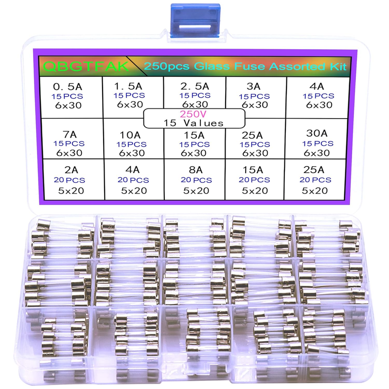 250Pcs Quick Blow Glass Tube Fuse Assorted Kit 250V Fuses 0.5A, 1.5A, 2.5A, 3A,