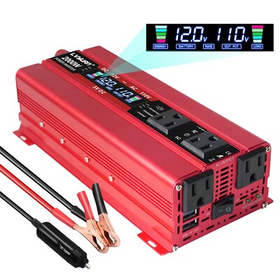 Car 2000W Peak Power Inverter DC 12V to AC 110V 120V Converter With 2USB 4AC Red