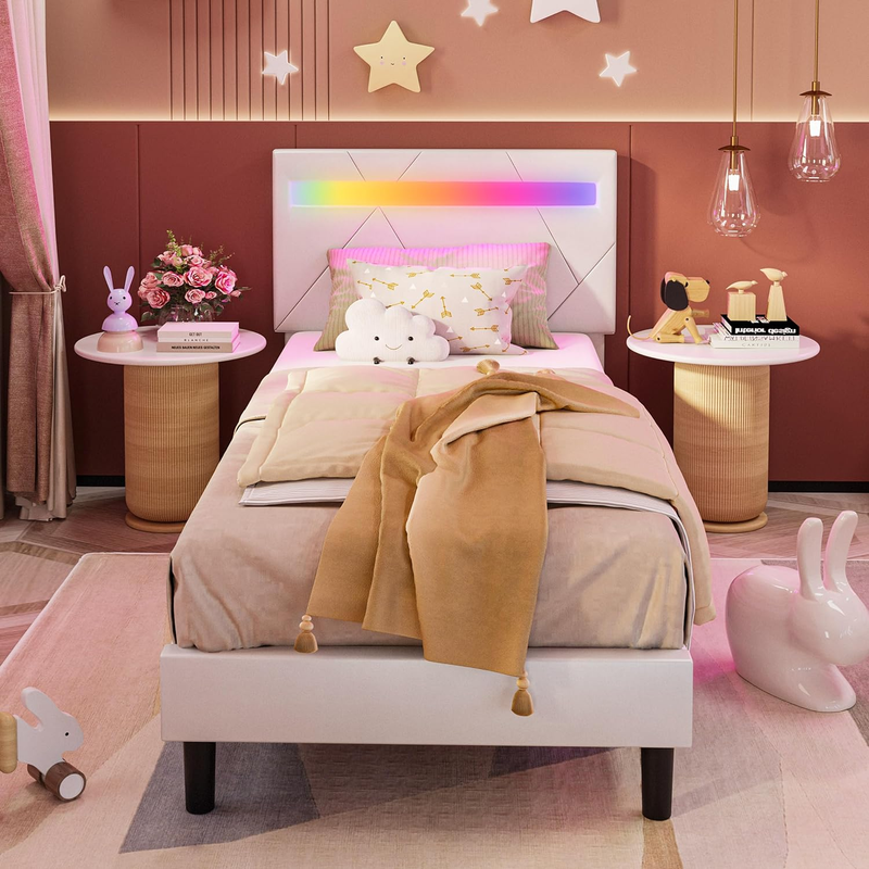 Twin Bed Frame with LED Lights, PU Leather Upholstered, No Box Spring Needed
