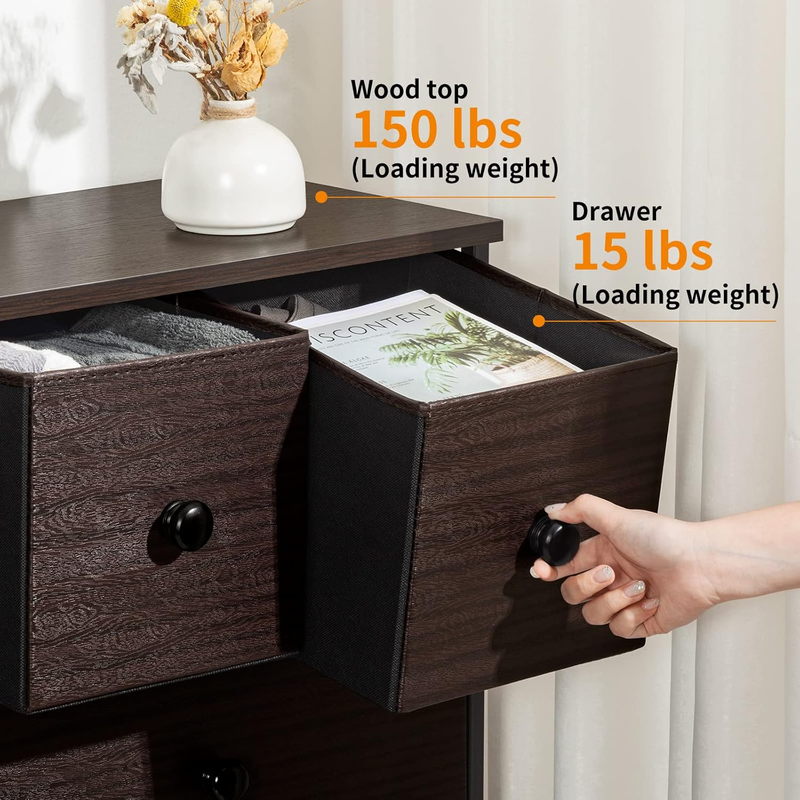 Dresser for Bedroom with 10 Drawers, Wide Black Dresser with Wood Top, Fabric St