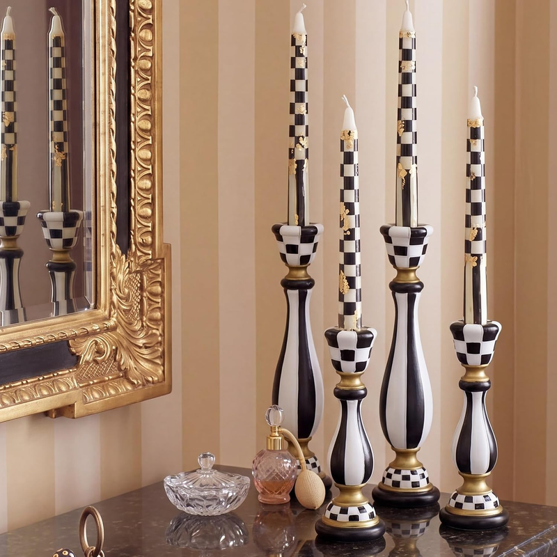 2 Pcs Black and White Checkerboard Taper Candle Holder,Classic