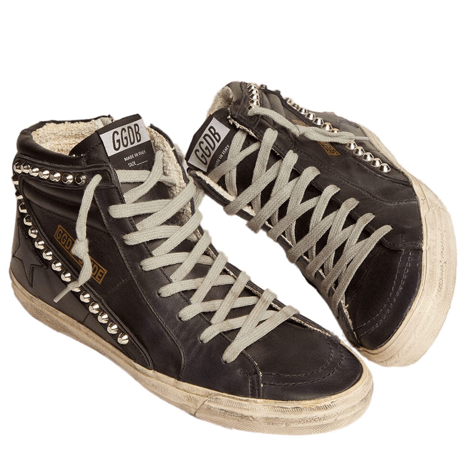 Pre-owned Golden Goose Slide Classic Leather Upper Studs Womens Distressed Sneakers-black