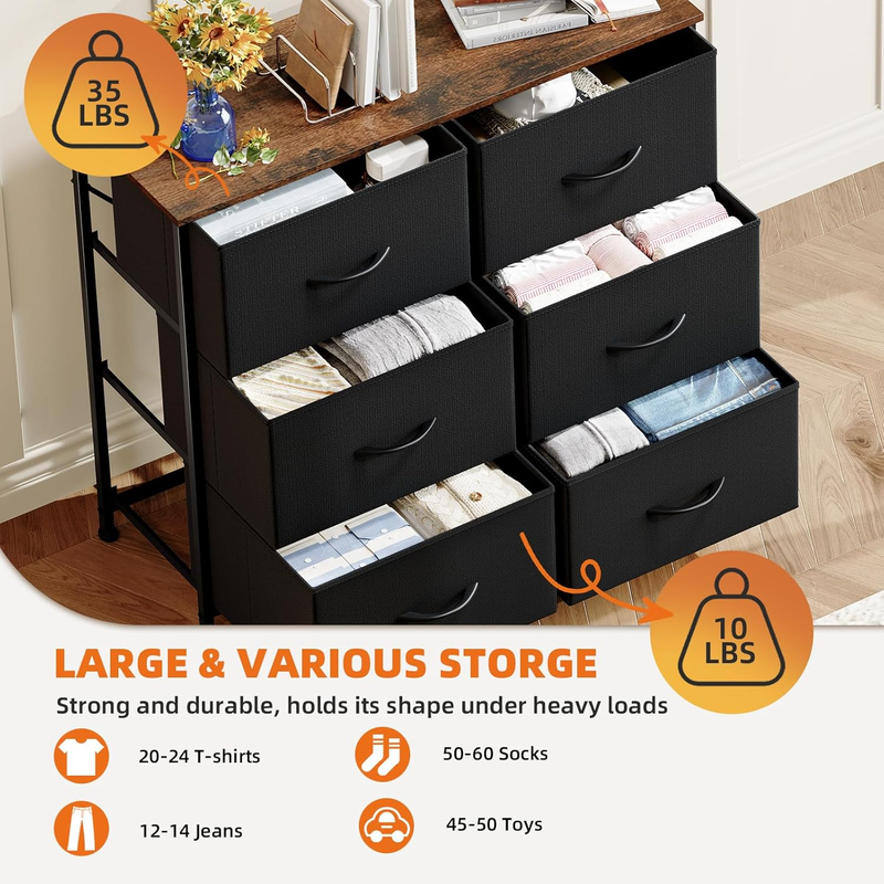 Dresser for Bedroom with 6 Drawers, 3-Tier Wide Storage Chest of Drawers with Re