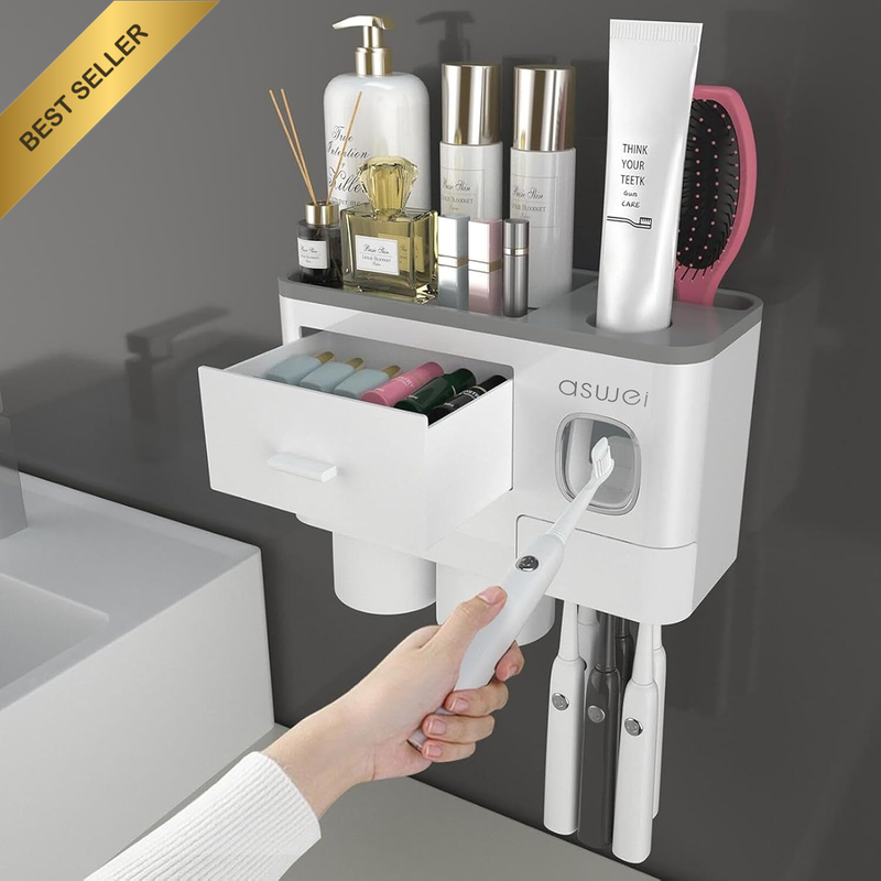 Toothbrush Holder Wall Mounted Dispenser 2 Cups 6 Slots Drawer Cover