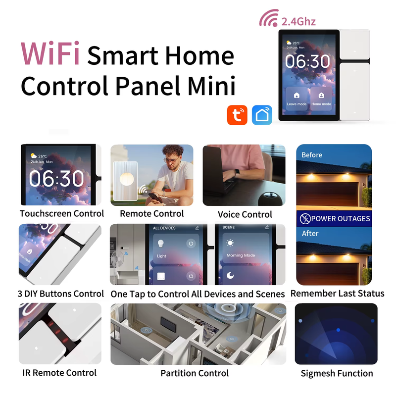 3-Switch WiFi Smart Panel, 3.5" Touch LCD, SigMesh, IR Remote Control. Works wit