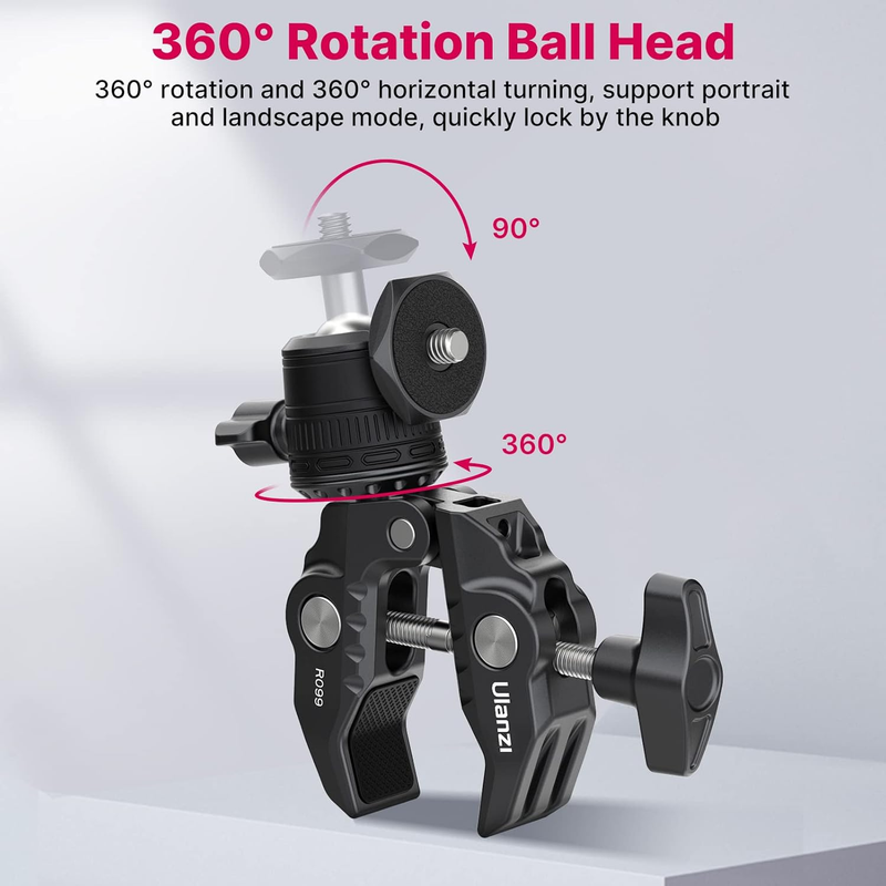 R099 Camera Clamp Mount Accessories for Action Camera, Super Clamp 360° Ball Hea