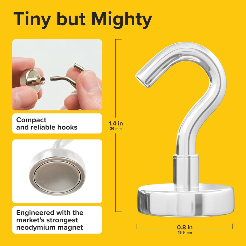 Magnetic Hooks - 10 Pack 40 lbs, Sleek Silver, Super Strong Neodymium Hooks