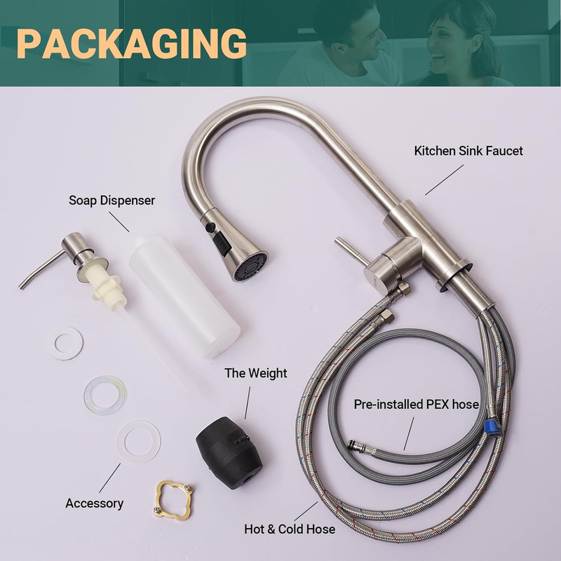 Kitchen Faucet with Soap Dispenser, Brushed Nickel Kitchen Faucet with Pull down