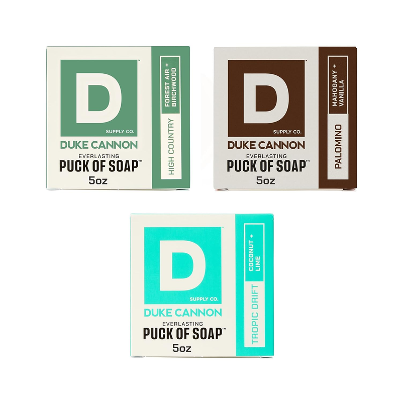 Duke Cannon Supply Co. Men'S Everlasting Soap Puck 3-Pack Bundle – High Country, Palomino & Tropic Drift Scents – Triple-Milled Long-Lasting Bar Soap for Men, 5 Oz Each