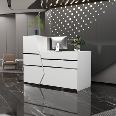 Reception Desk L-Shaped Front Counter Table w/ Storage Shelf White 55.1''L