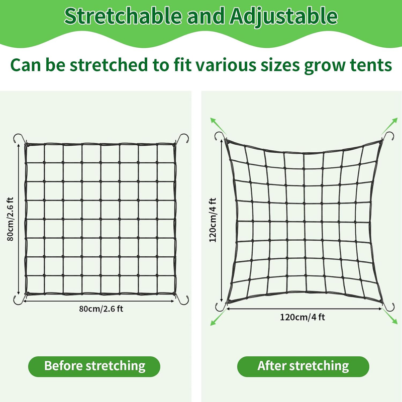Trellis Netting, Scrog Net with 4 Hooks, 4X4 Trellis Net for Grow Tent, Heavy-Du