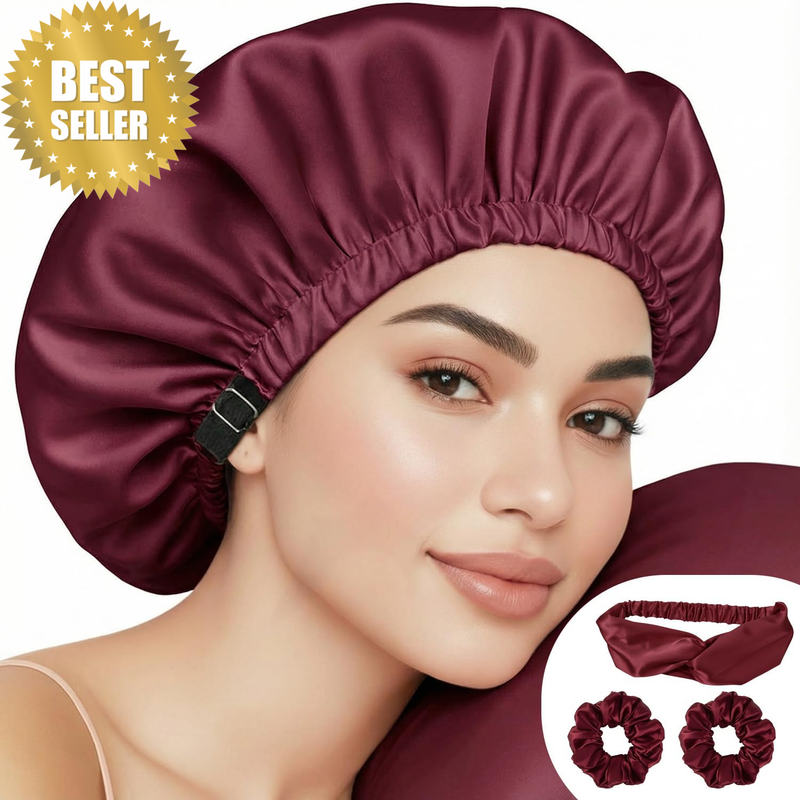 Luxury Double-Layered Silk Bonnet for Sleeping – Adjustable Satin Hair Bonnet Se