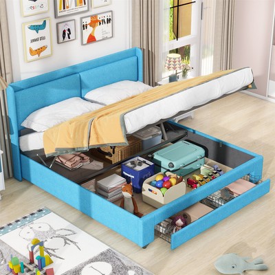 Queen Size Bed Frame Upholstered Platform Bed Frame with Storage and 2 Drawers
