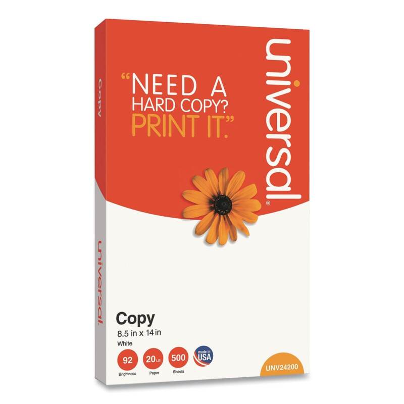 Universal Copy Paper 92 Bright 20 lb. 8.5 x 14 Legal Size White 500 Sheets/Ream