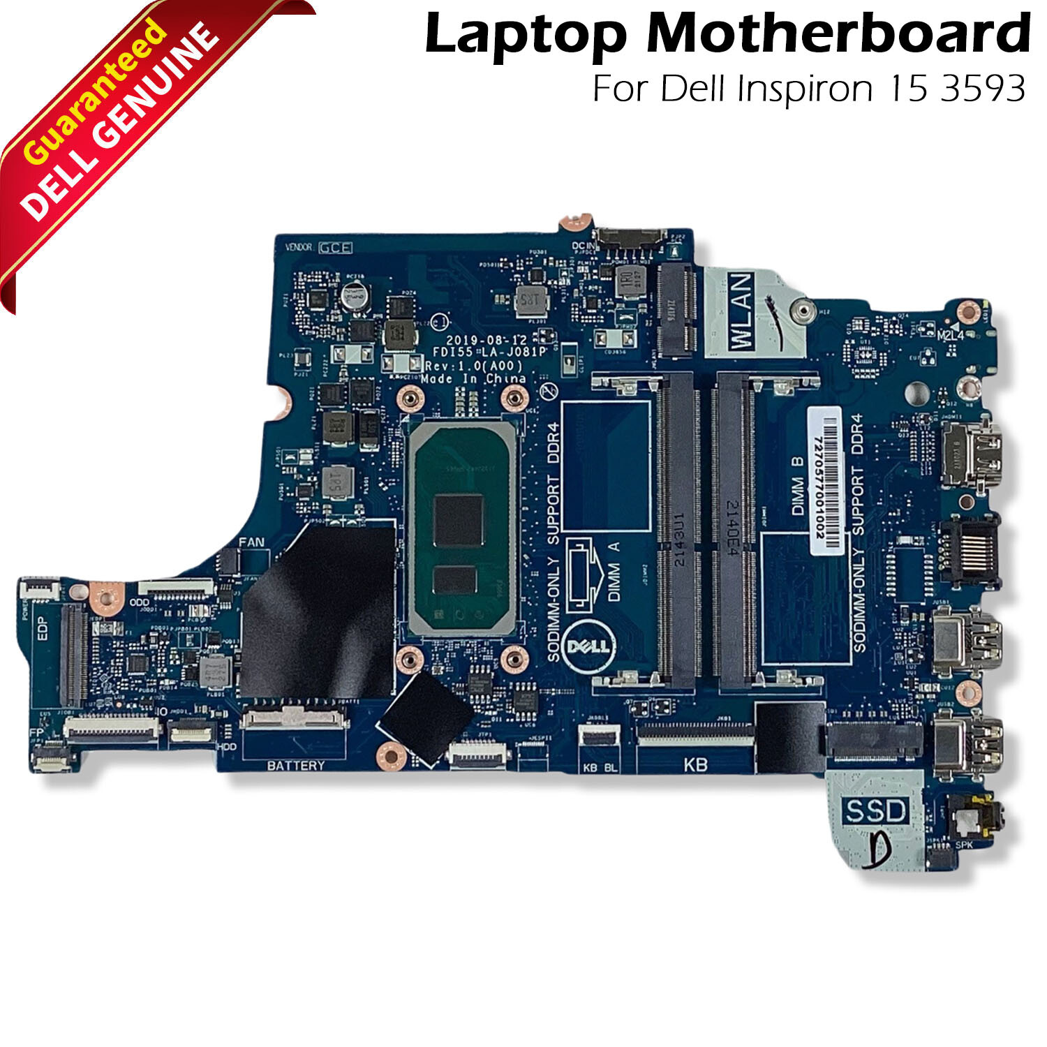 Dell Inspiron 3593 Motherboard i3-1005G1 1.2GHz DDR4 Intel