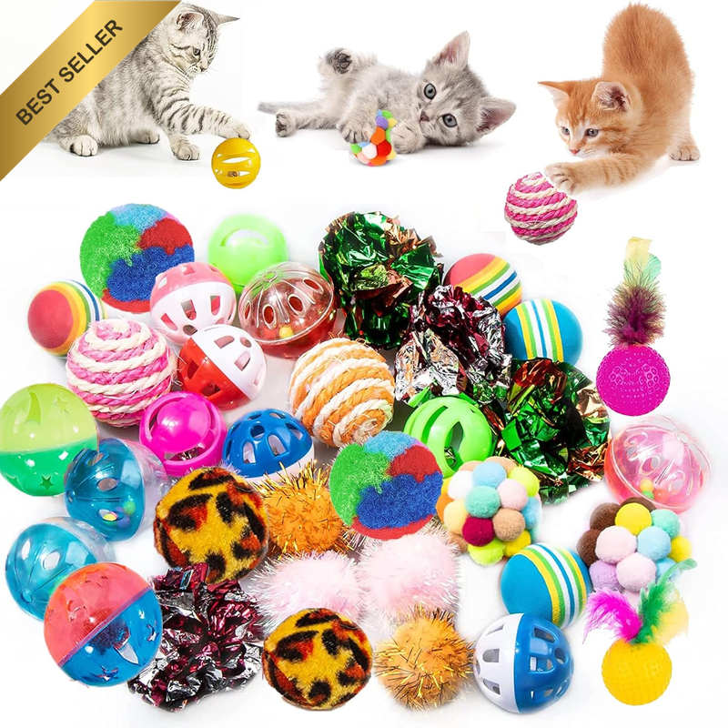34PCS Cat Toys Kitten Chew Chase Rainbow Foam Crinkle Sisal Pompom Balls Set