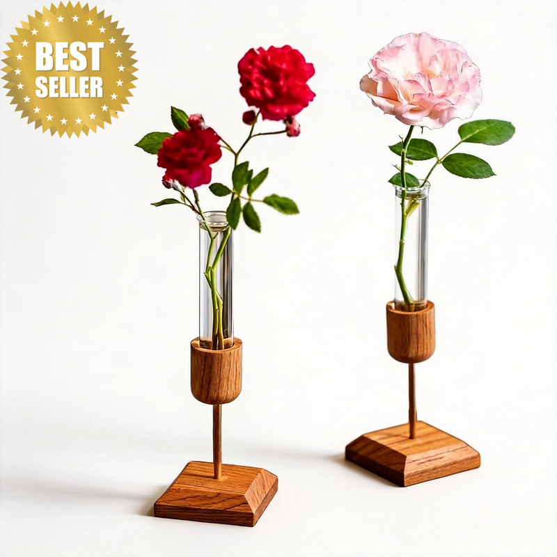 2 Pack Desktop Plant Propagation Station with Wooden Stand, Glass Vase Flowers P