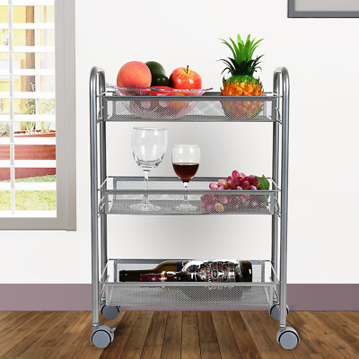3-Tier Metal Rolling Cart on Wheels with Baskets Storage with Removable Shelves