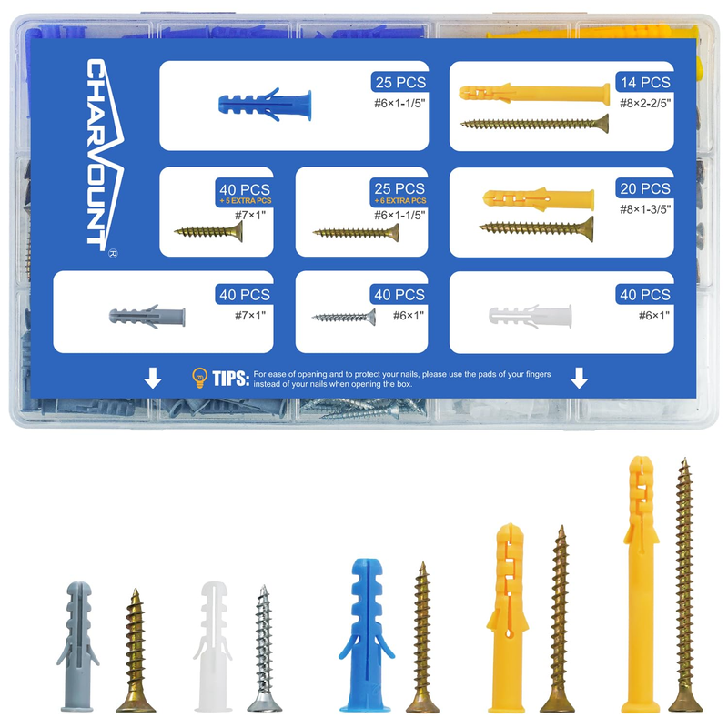 255 PCS Drywall Anchors and Screws Assortment Kit,122 Plastic Dry Wall Anchors a