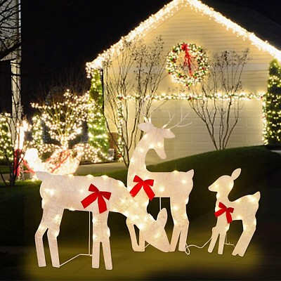 Northlight Set-3 Glittered Doe Fawn Deer Christmas Holiday Reindeer White Lights