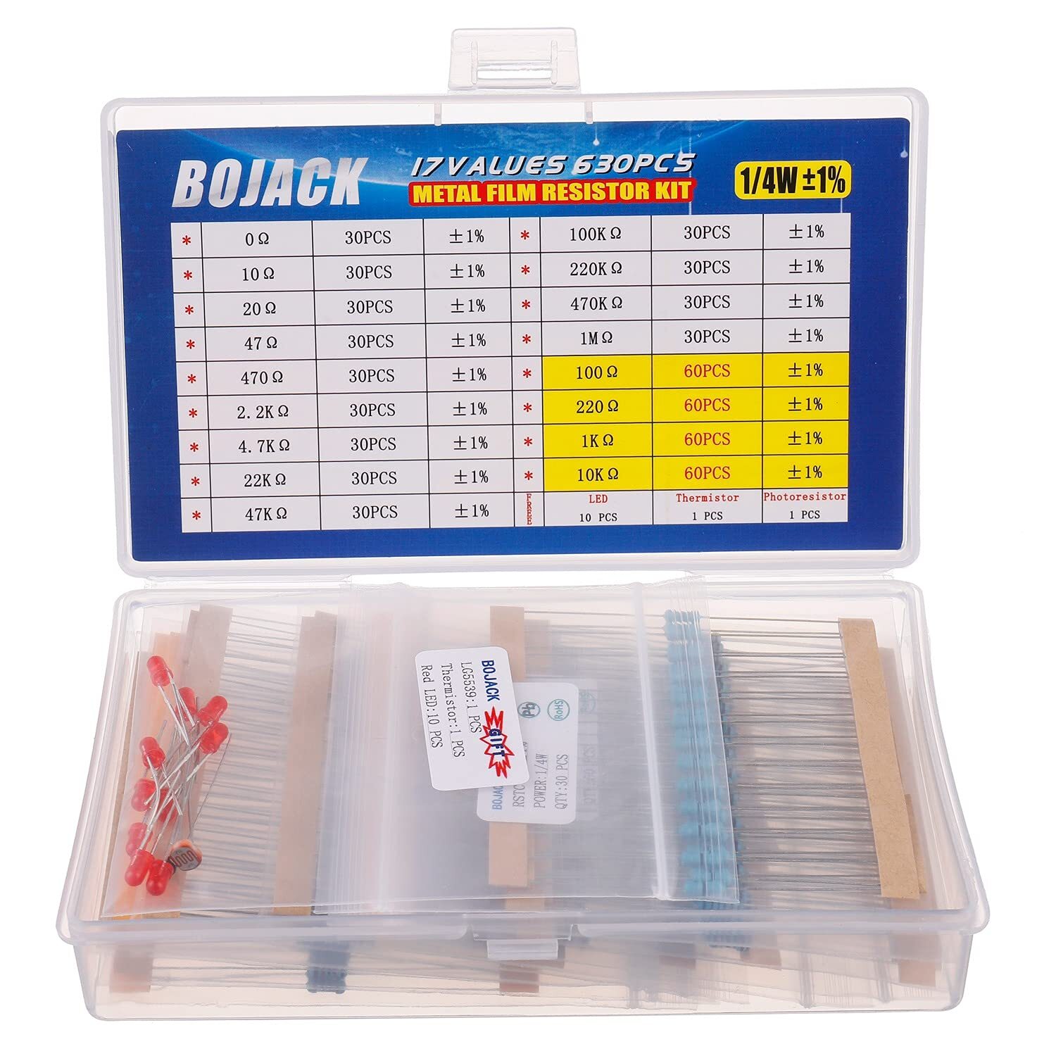 BOJACK 630 Pcs 17 Values Resistor Kit 0 Ohm-1M Ohm 1% 1/4W