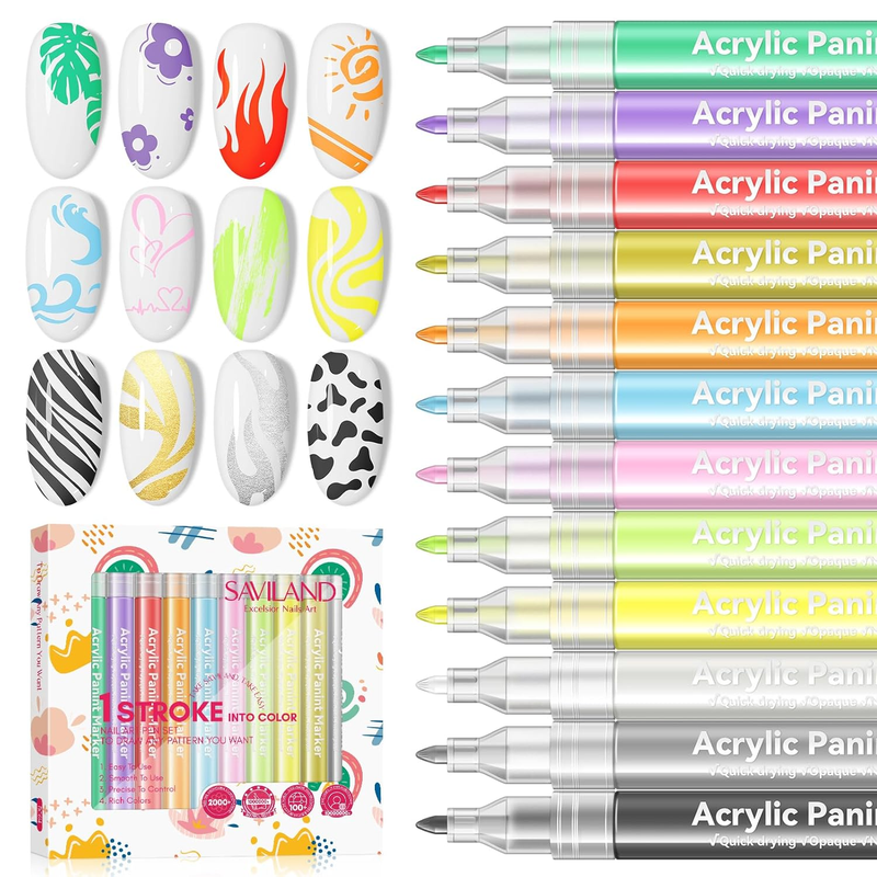 12 Color Nail Art Pens Set 3D Acrylic Paint Liner Dotting Nail...