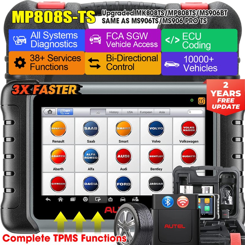 Autel Mp808s-Ts Outil Diagnostic Voiture Codage Ecu Tpms Android 11 Test Actif