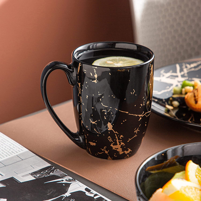 Plates and Bowls Sets for 4, Black Dinnerware Sets 16 Piece Gold Splash Glaze ro