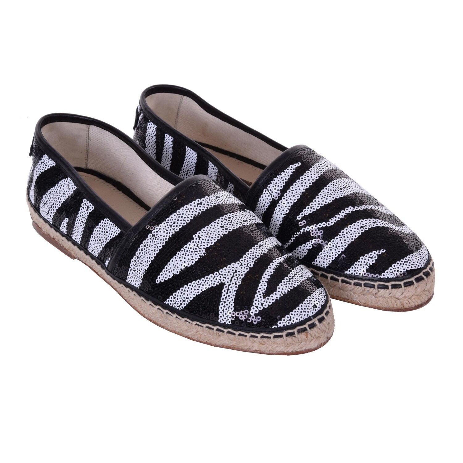 Pre-owned Dolce & Gabbana Sequins Zebra Print Espadrille Shoes Tremiti Black White