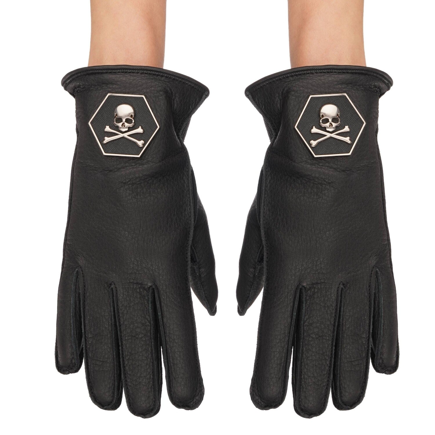 Перчатки Philipp Plein Fulton из кожи с металлическим черепом и кашемира Черные 7,5