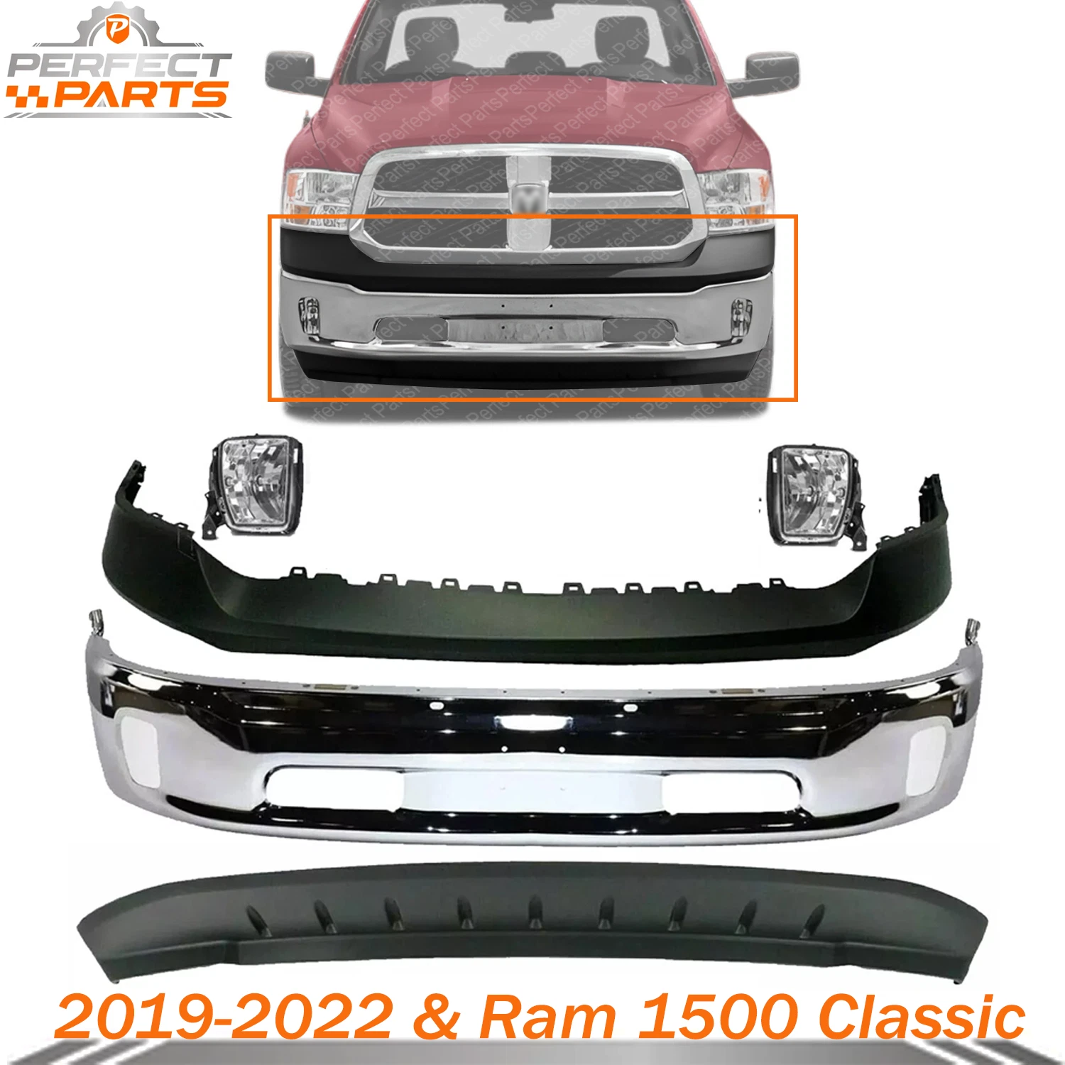 New Front Bumper Chrome Kit For 2013-2018 Ram 1500 2019-2022 & Ram 1500 Classic