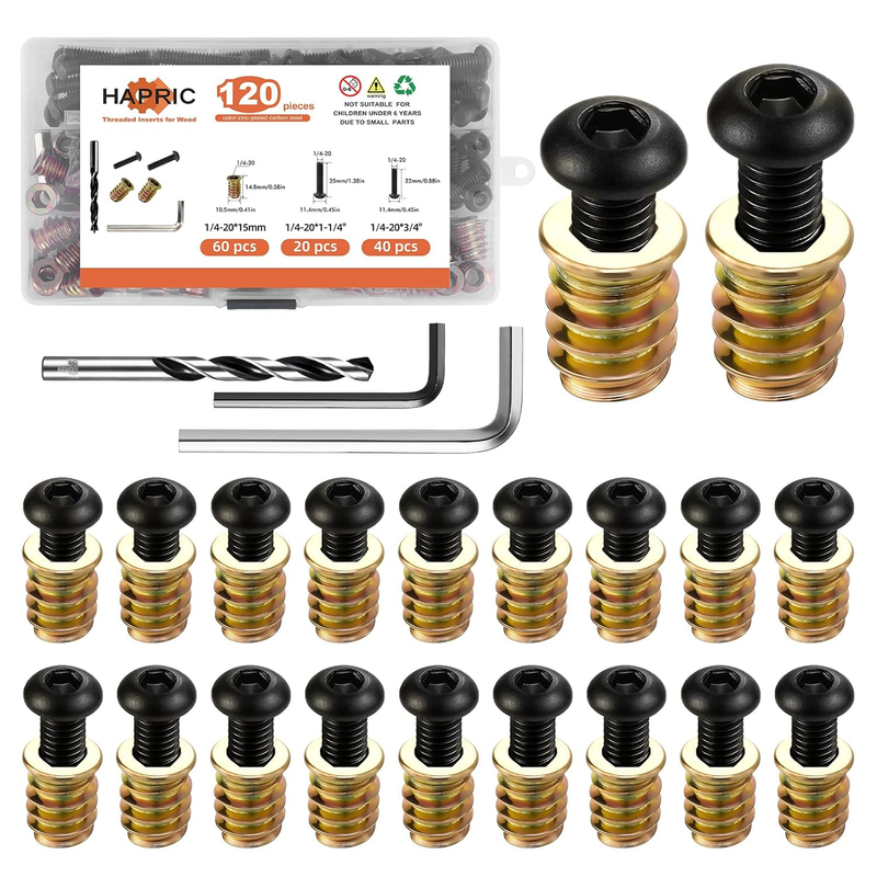 61-Piece Threaded Insert Kit For Wood – 1/4-20 Internal Thread, 10/15/20mm Lengths, Hex Drive, Carbon Steel