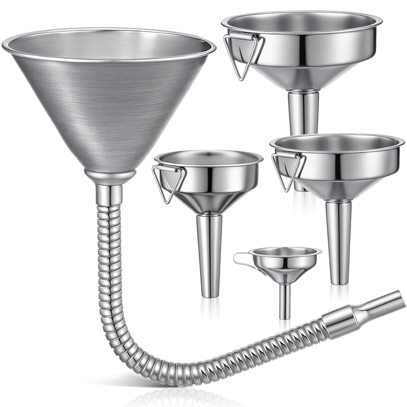 Blulu Set of 5 Stainless Steel Flexible Oil Funnels for Automotive Use