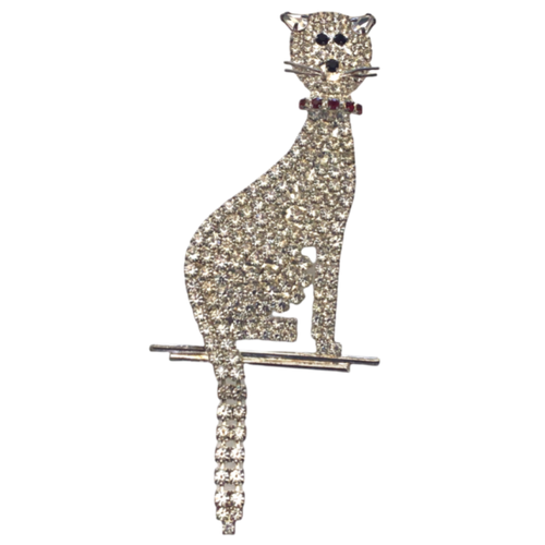 Vintage Cat Pin Brooch 3.5 Inches Tall Kitty Prong-Set Clear