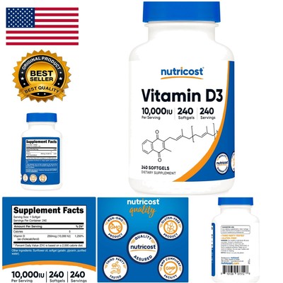 240 Count Non-GMO Vitamin D3 Softgels - 10,000 IU per Capsule for Vitality