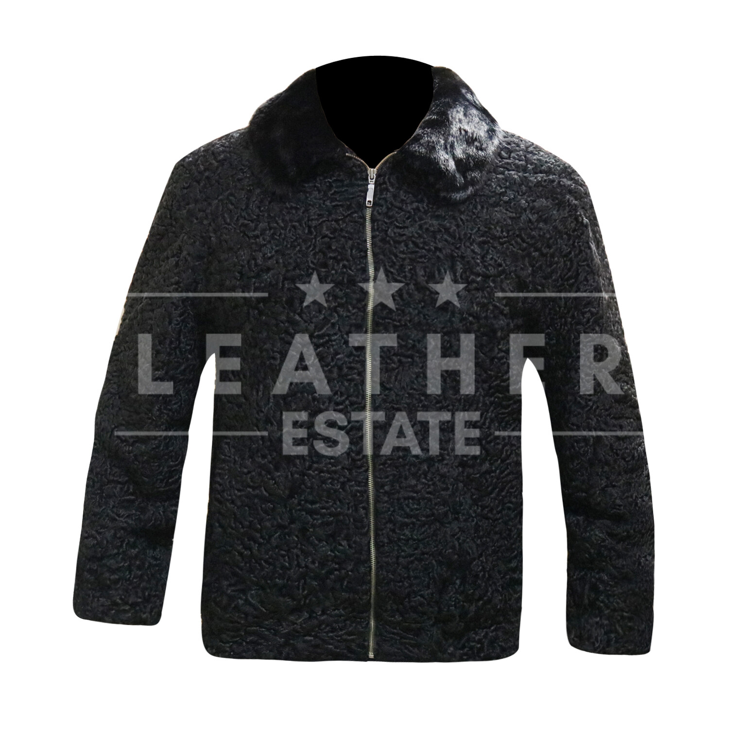 Pre-owned Leather Estate Men's Black Persian Lamb Fur Black Mink Fur Collar Zipper Coat