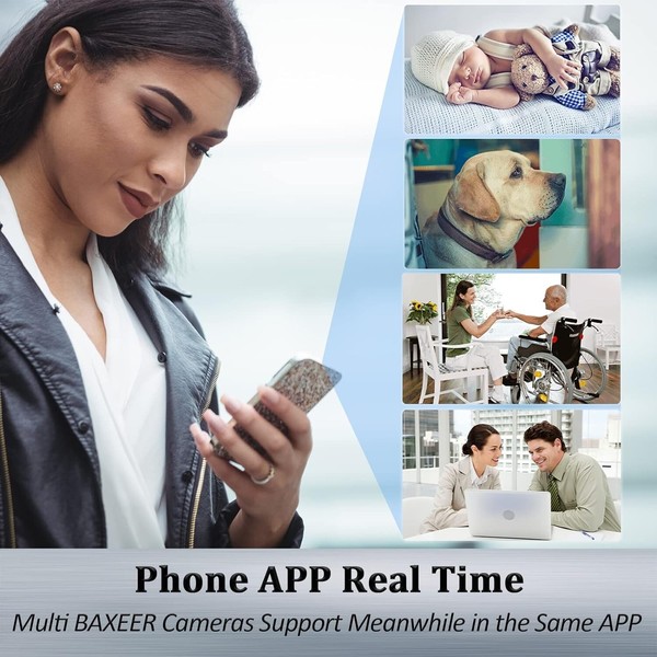 Woman using phone app with multi-camera real-time monitoring.