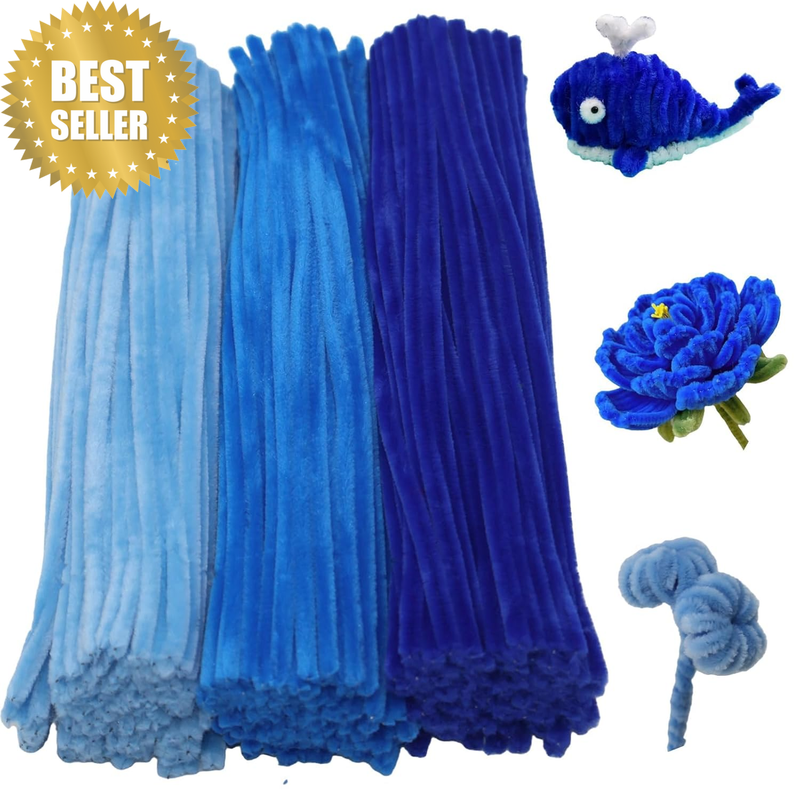 300 Pieces Shades of Blue Pipe Cleaner Craft Set 3 Assorted Colors,Thick Fuzzy C