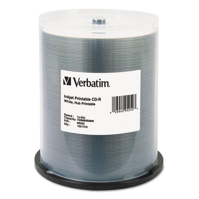 Verbatim CD-R 700MB 52X White Inkjet Printable Hub Printable 100/PK Spindle