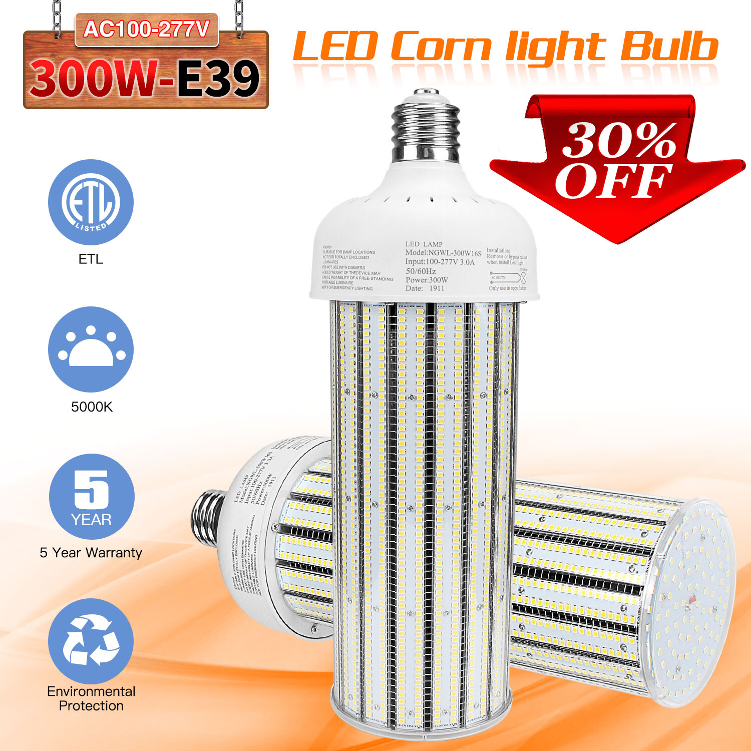 300W LED Corn Light Bulb (1500 Watt Equivalent) E39 Mogul Base 5000K Daylight UL