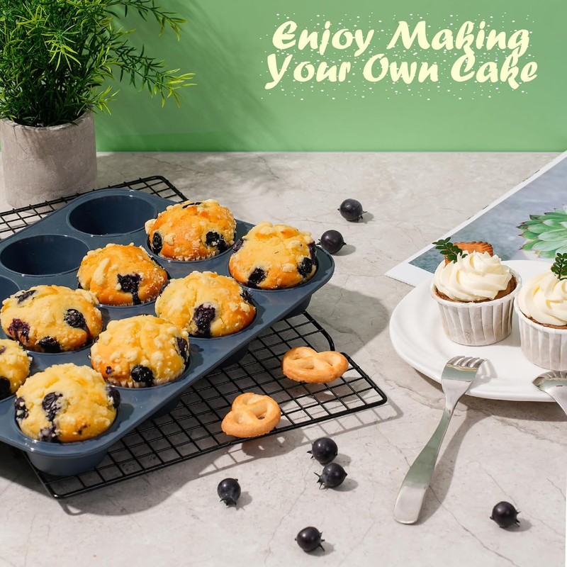 2 Pack Silicone Muffin Baking Pan & Cupcake Tray 12 Cup - Nonstick Cake Molds/Ti