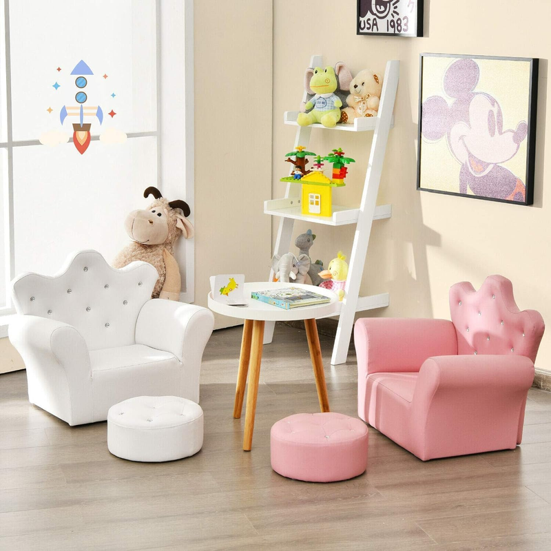 Kids Sofa, Princess Armrest Chair with Ottoman, Crown-Back Upholstered Armchair